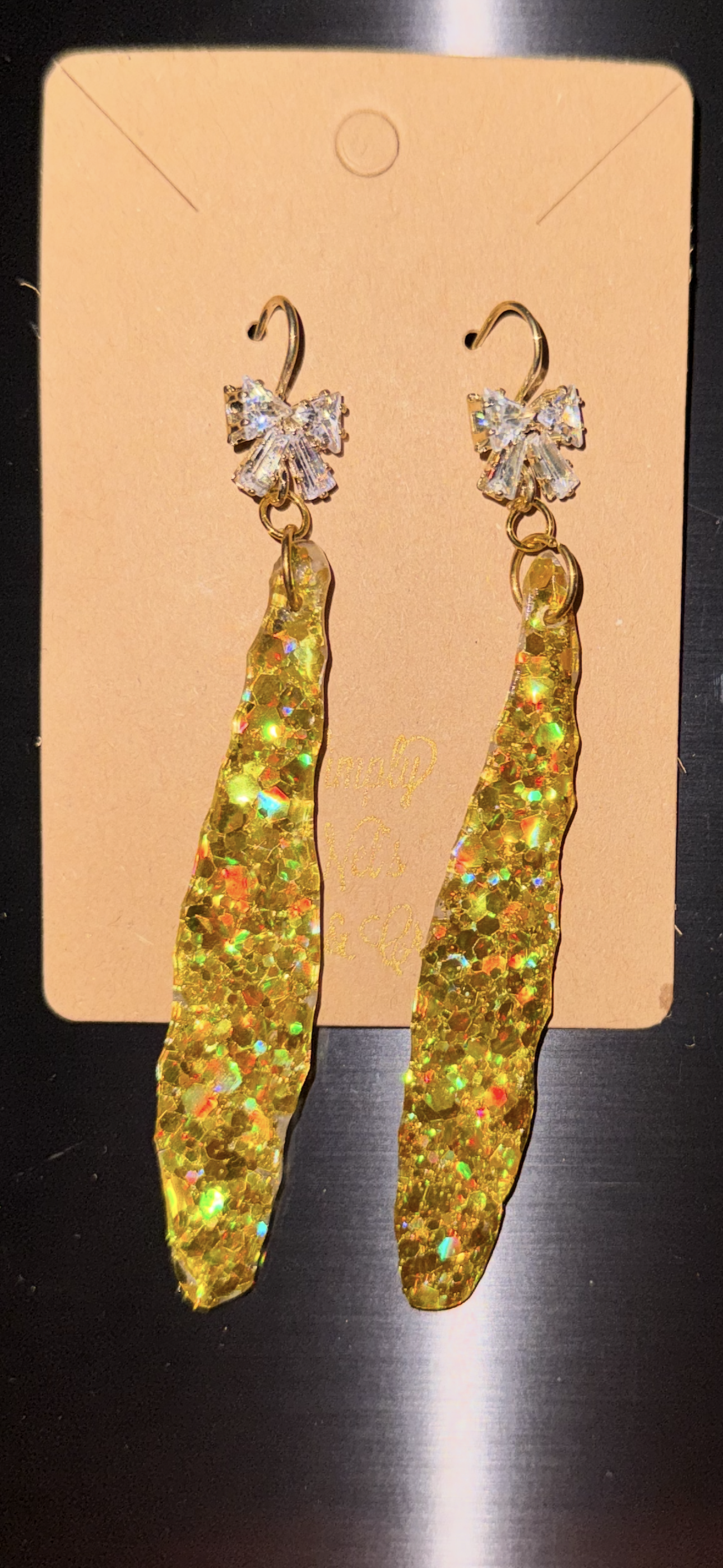 Glitter Bombs Icicle Yellow Gold with Diamond Bow Rhinestones (Medium Length)