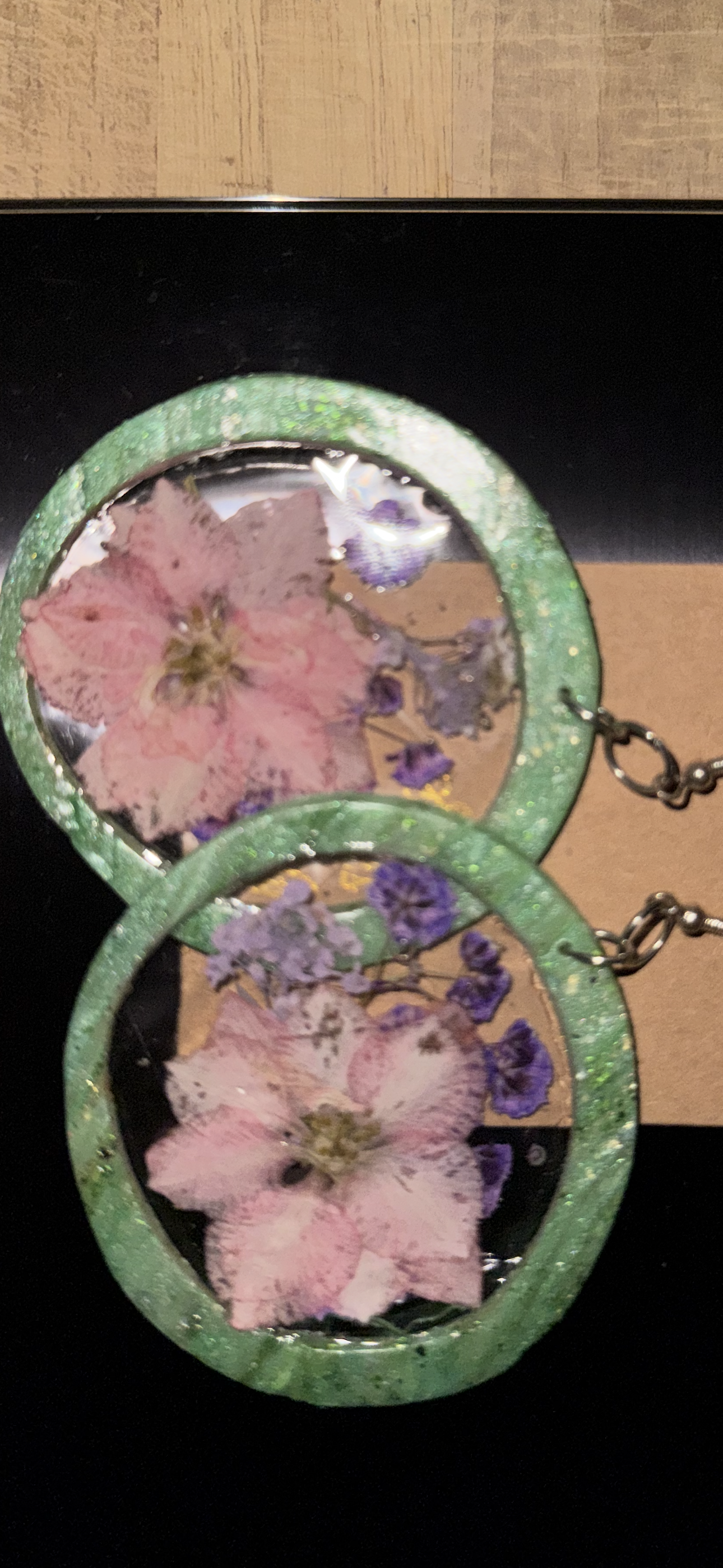 Blissful Jade Earring Large Hoop set (Middle filling of Soft Pink & White flowers with Violet Purple Baby’s Breath)