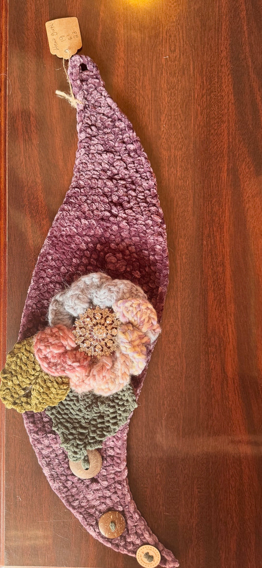 Floral Gracelyn Fair Pastel Mix /Spring Rain Blue combo Flower with Diamond Rhinestone Brooch and Forest Green & Green Sparkled Leaves on Purple Head Wrap