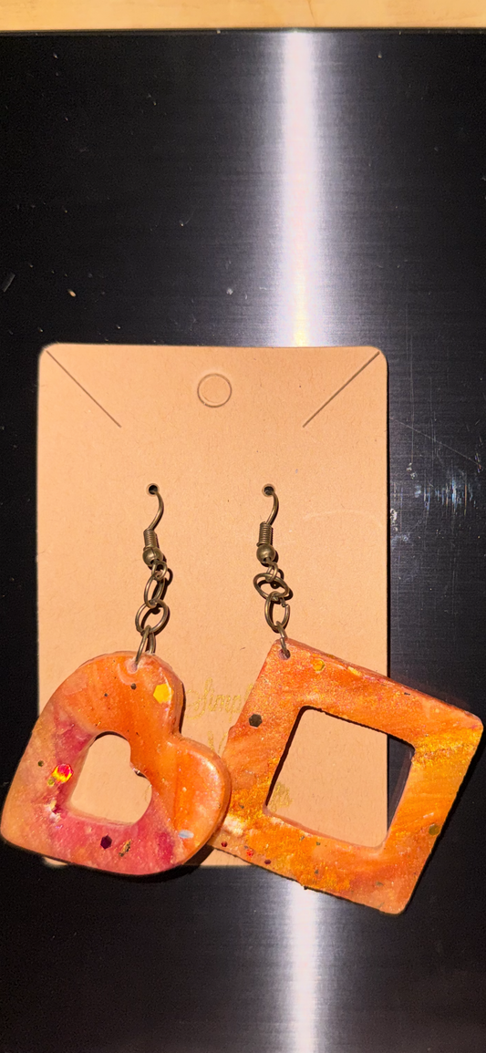 Planetary Earrings Thick Hollow Heart / Square Diamond Hoops Combo (Saturn Gold)