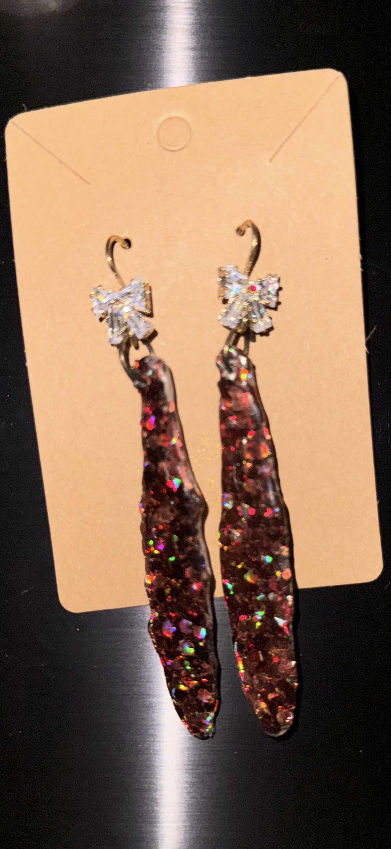Glitter Bombs Icicle Coffee Brown with Diamond Bow Rhinestones (Medium Length)