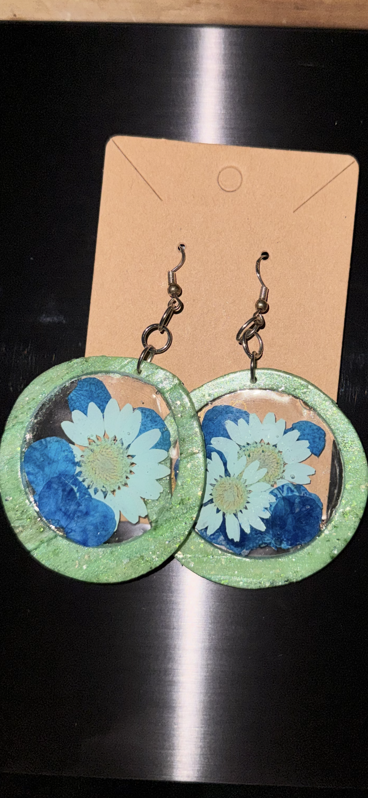 Blissful Jade Earring Medium Hoop set (Middle filling of Turquoise & Pastel Blue flowers)