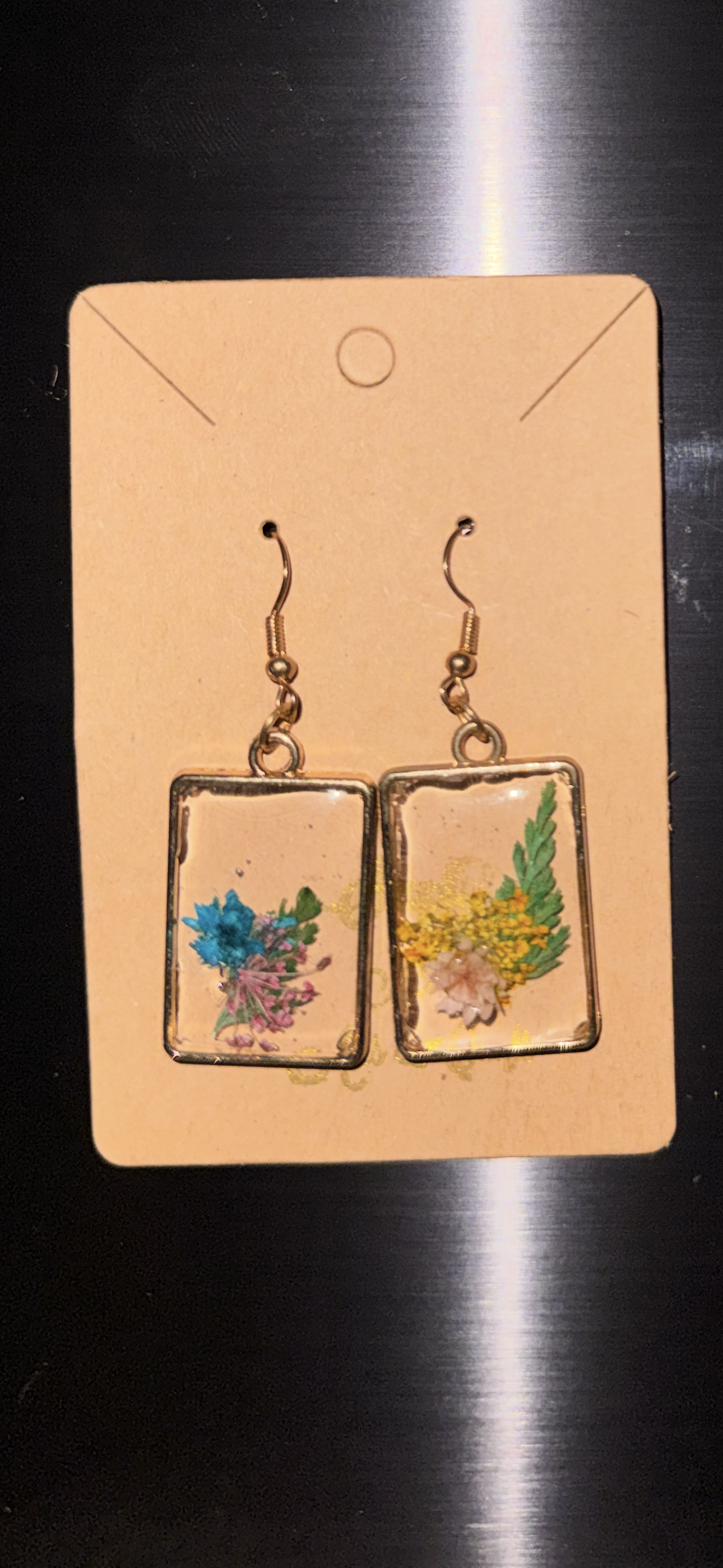 Resin Flowers Rectangle (Multi mix of Green Fern, Marigold Yellow & Pink Baby’s Breath with Pale Pink & Turquoise Blue Flowers)
