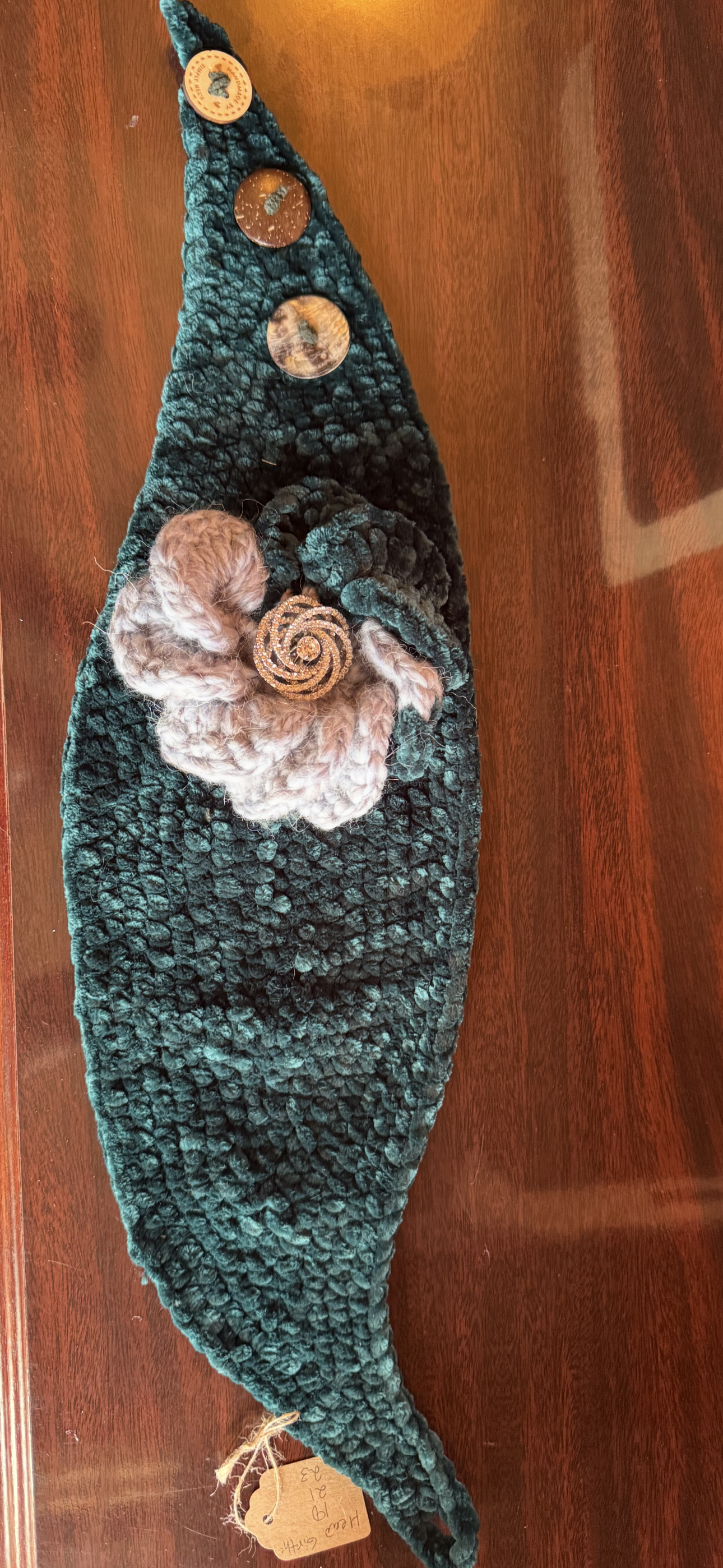 Floral Head Wrap (Teal Green Wrap with Diamond Rhinestone Swirled Brooch & Teal Green / Spring Rain Blue flower)