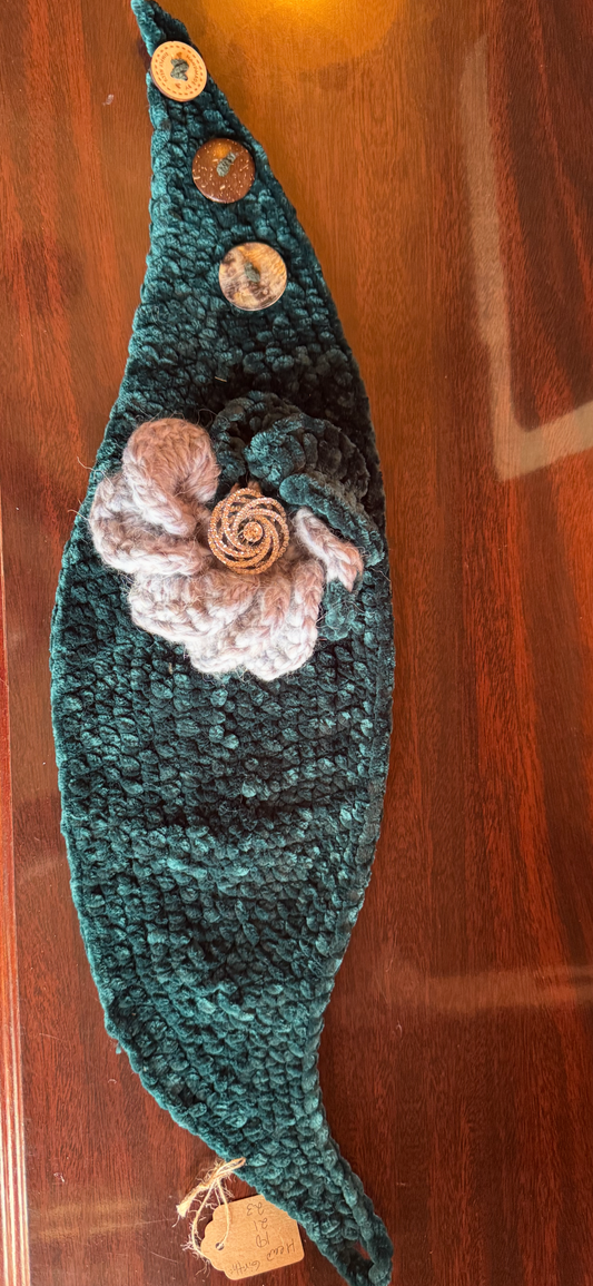 Floral Head Wrap (Teal Green Wrap with Diamond Rhinestone Swirled Brooch & Teal Green / Spring Rain Blue flower)