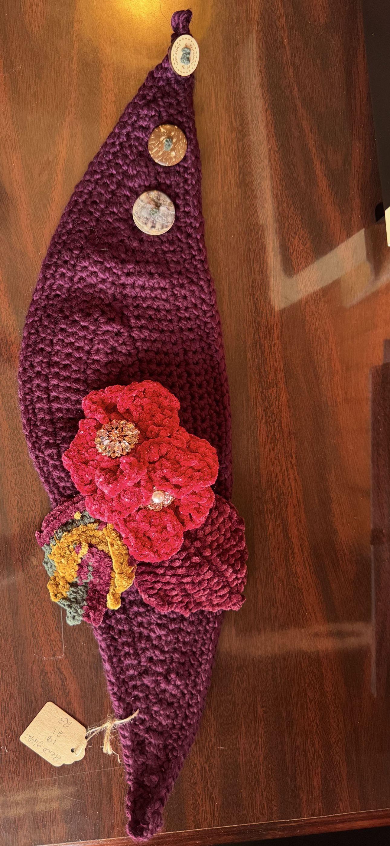 Floral Head Wrap (Berry Burgundy Wrap with Red Sparkled Flowers & Pink Rhinestone / Pearl Brooches with Multi Mixed Green, Gold & Autumn Purple leaves)