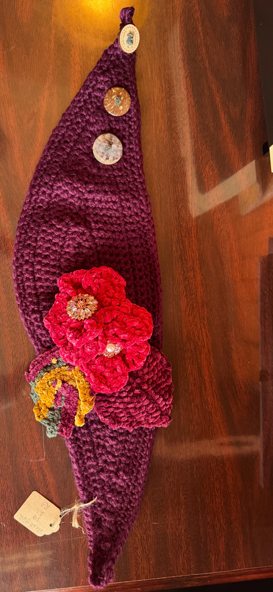 Floral Head Wrap (Berry Burgundy Wrap with Red Sparkled Flowers & Pink Rhinestone / Pearl Brooches with Multi Mixed Green, Gold & Autumn Purple leaves)