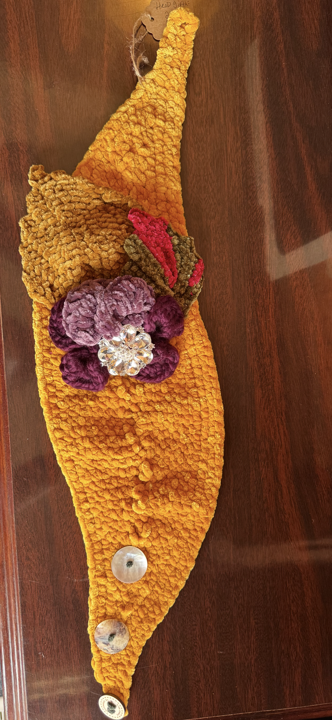 Floral Head Wrap ( Sunflower Yellow Wrap with Purple /Berry Burgundy mixed Flower with Floral Diamond Rhinestone Brooch & Gold, Red Sparkled & Green Sparkled Autumn Leaves)