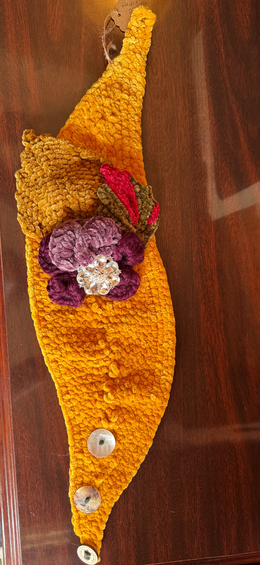 Floral Head Wrap ( Sunflower Yellow Wrap with Purple /Berry Burgundy mixed Flower with Floral Diamond Rhinestone Brooch & Gold, Red Sparkled & Green Sparkled Autumn Leaves)