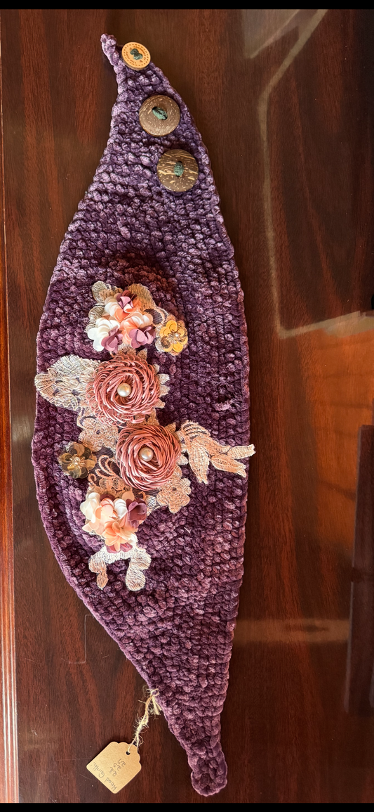 Laced Beaded Flower Appliqué with Diamond Rhinestone Accents on Purple colored Head Wrap